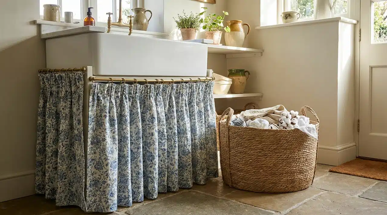 Farmhouse laundry room with a skirted utility sink, patterned fabric curtain, woven basket, open shelves, and natural light.