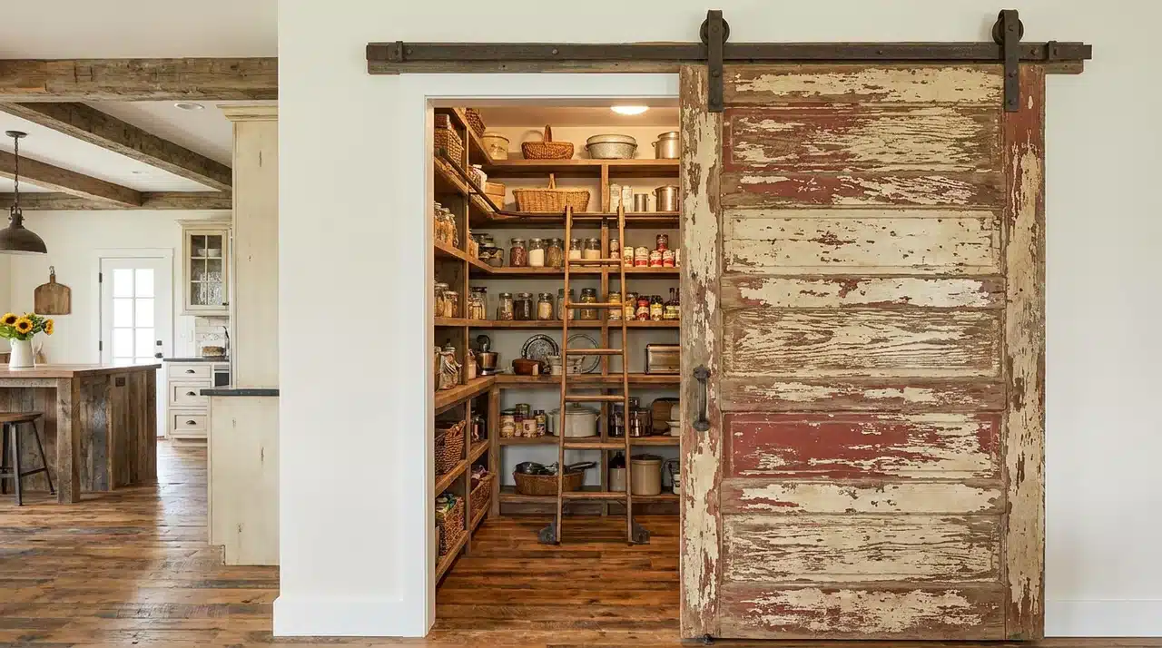 Farmhouse pantry with a reclaimed sliding barn door, open storage shelves, wooden ladder, and rustic wood flooring.