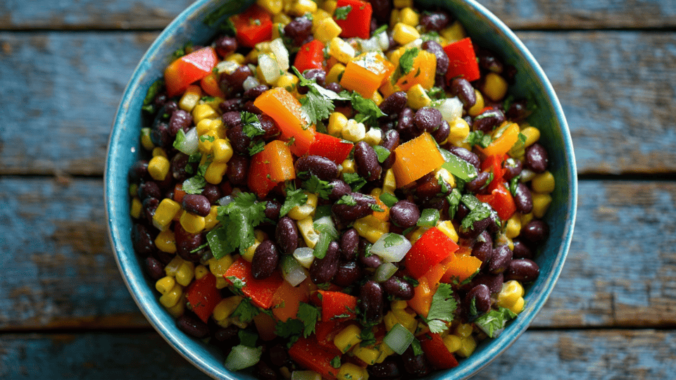 Southwest bean salad with black beans, corn, peppers, and cilantro