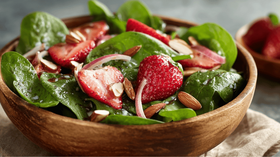 Spinach strawberry salad with almonds and balsamic dressing