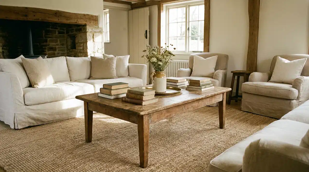 Farmhouse living room with an antique wood coffee table, neutral seating, stone fireplace, and woven area rug.