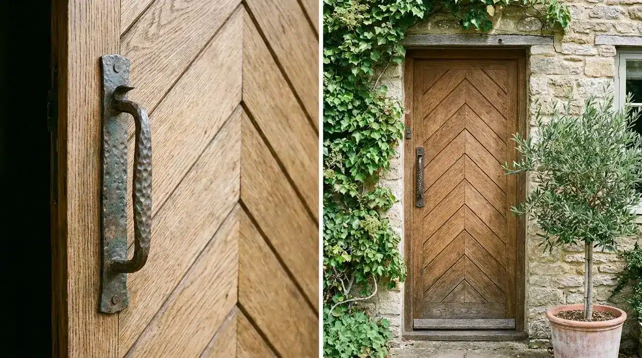 Farmhouse entry door with a chevron wood pattern, rustic iron handle, stone exterior, and climbing greenery.