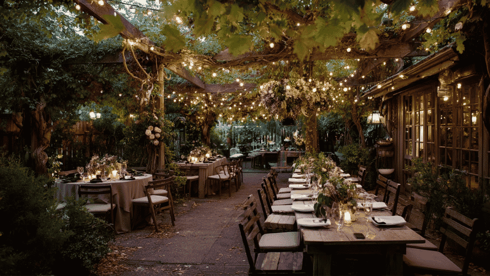 Outdoor wedding reception with string lights, hanging flowers, and tables