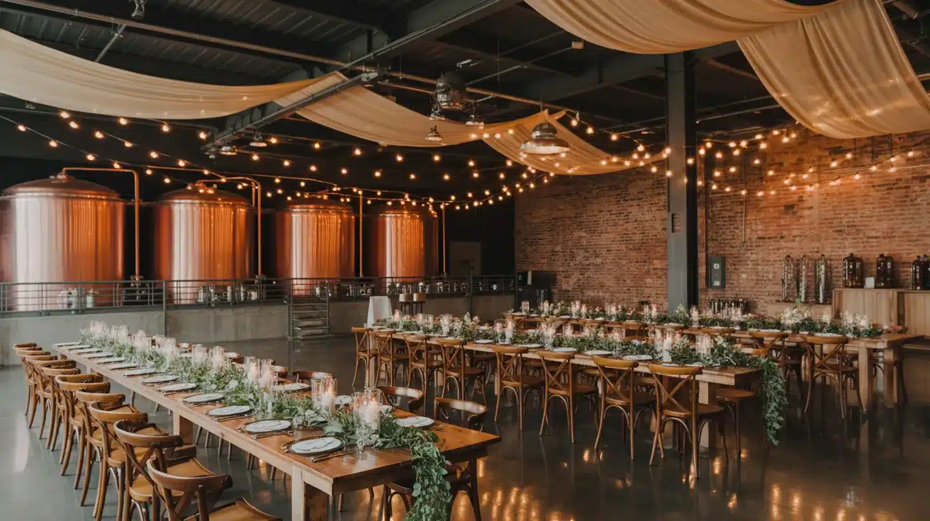 Stylish brewery interior combining industrial decor with a relaxed reception atmosphere.