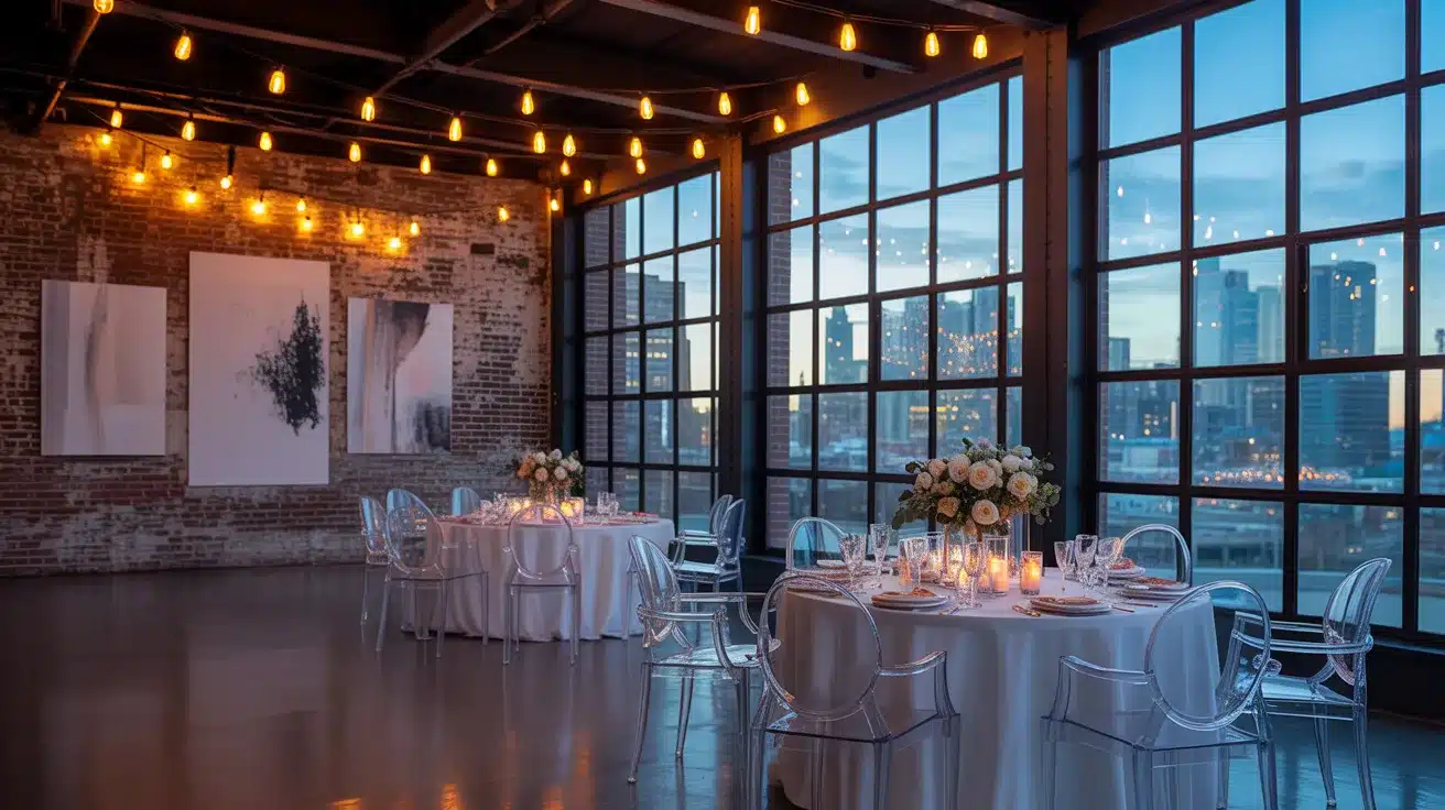 Stylish urban loft with large windows, open floor space, and modern wedding decor.