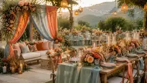 Summer wedding setup with coral, peach, sage, and soft blue decor, floral tables, lanterns, and mountain views.