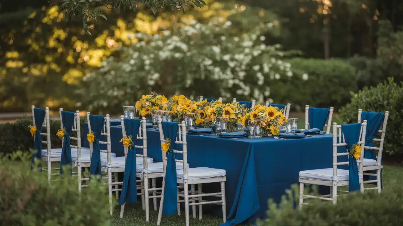 Outdoor summer wedding combining cheerful yellow accents with deep navy details for a striking contrast.