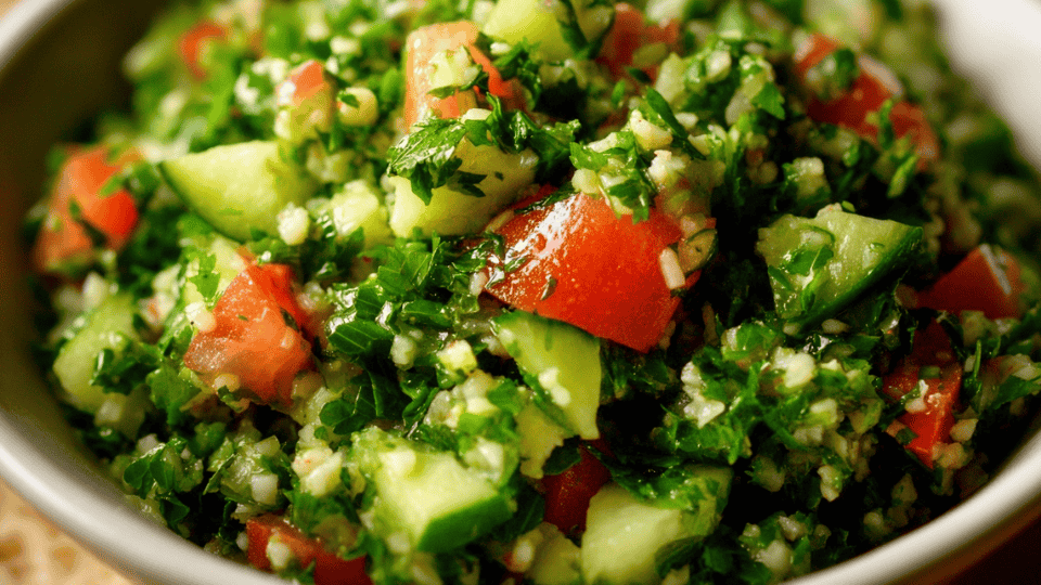 Tabbouleh salad with parsley, tomatoes, cucumber, and bulgur
