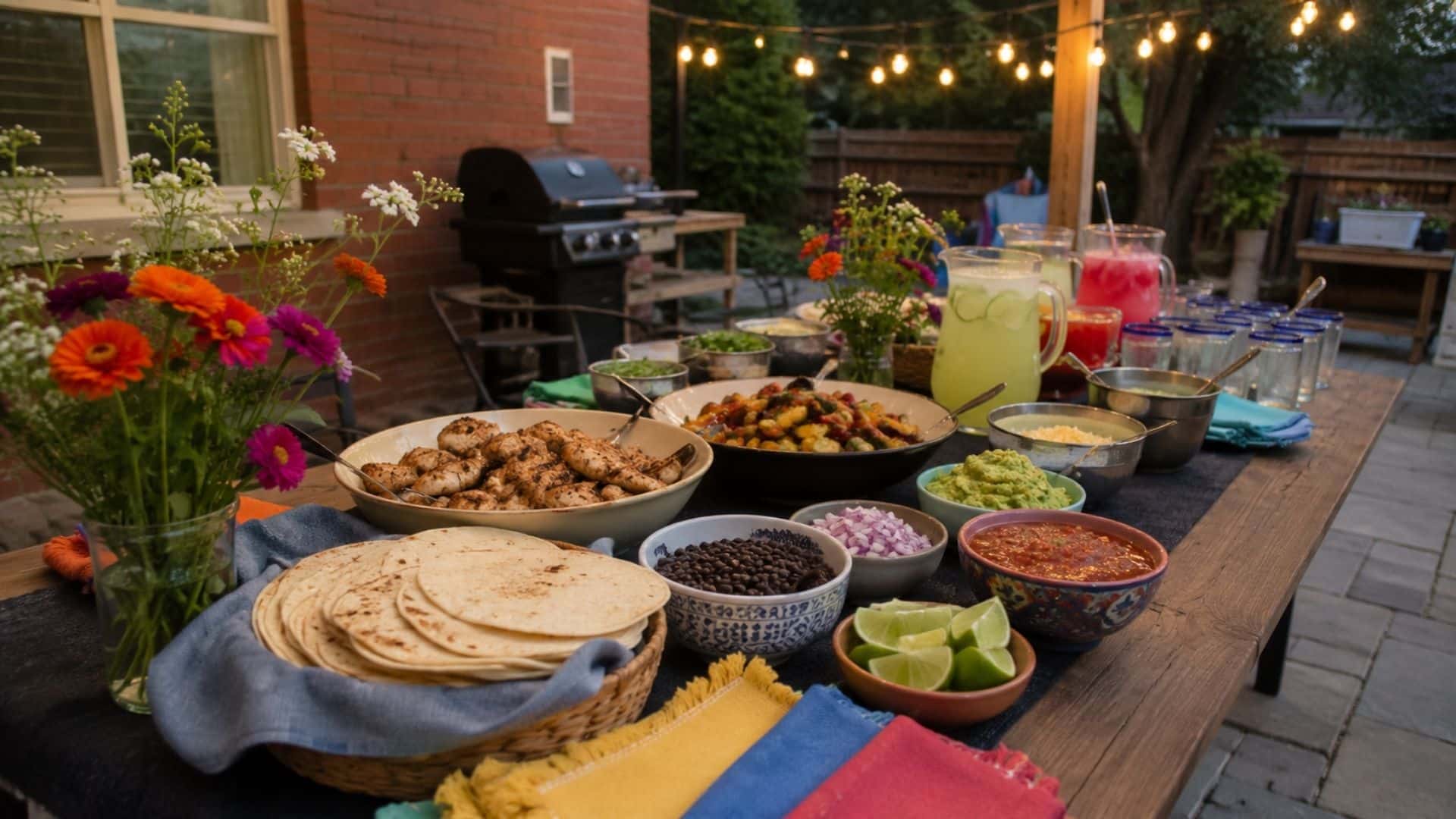 Backyard engagement taco bar with grilled chicken, tortillas, salsa, guacamole, colorful drinks, and flowers.