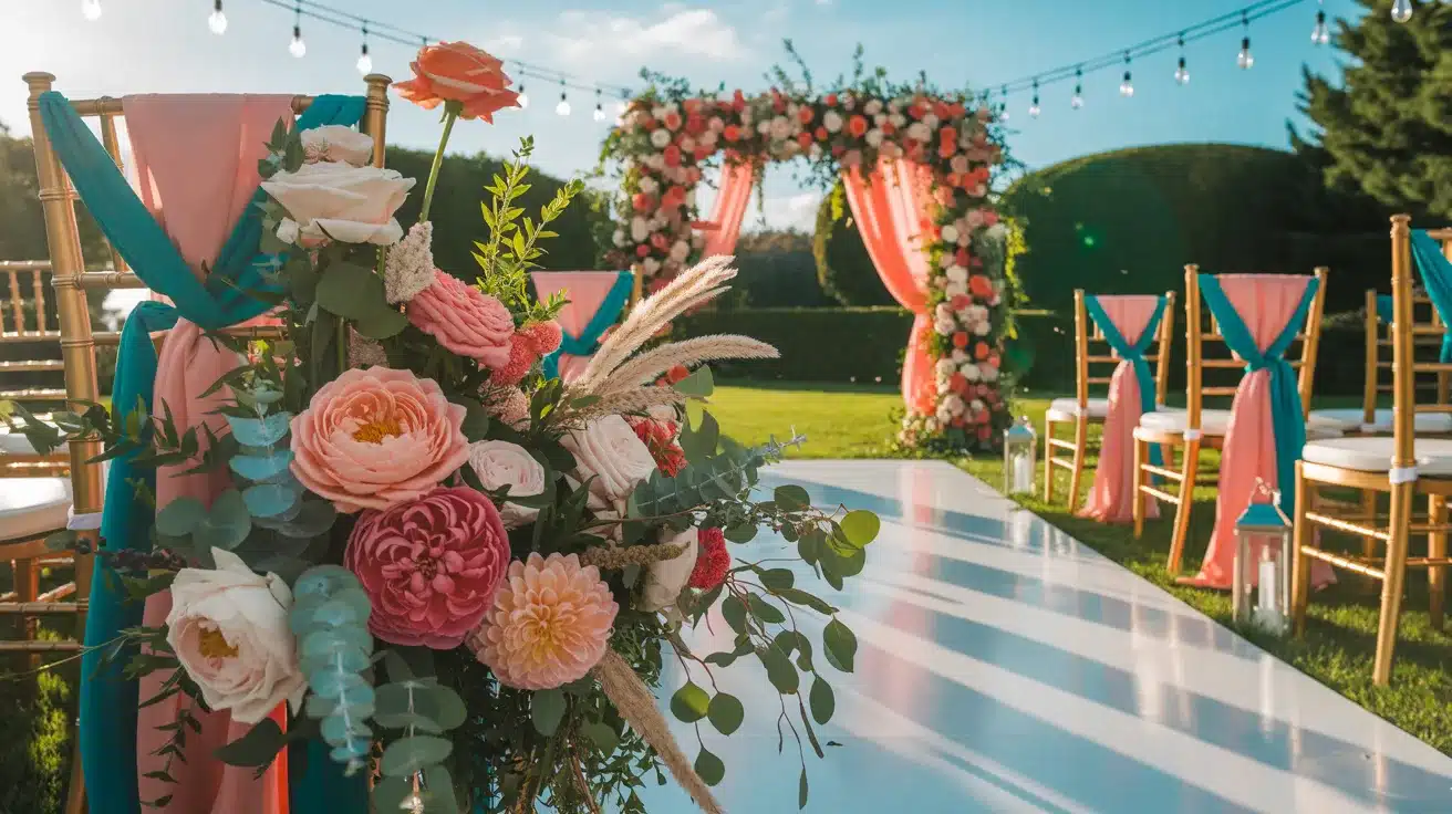 Colorful summer wedding featuring jewel-toned teal and warm coral accents in a balanced vibrant palette.