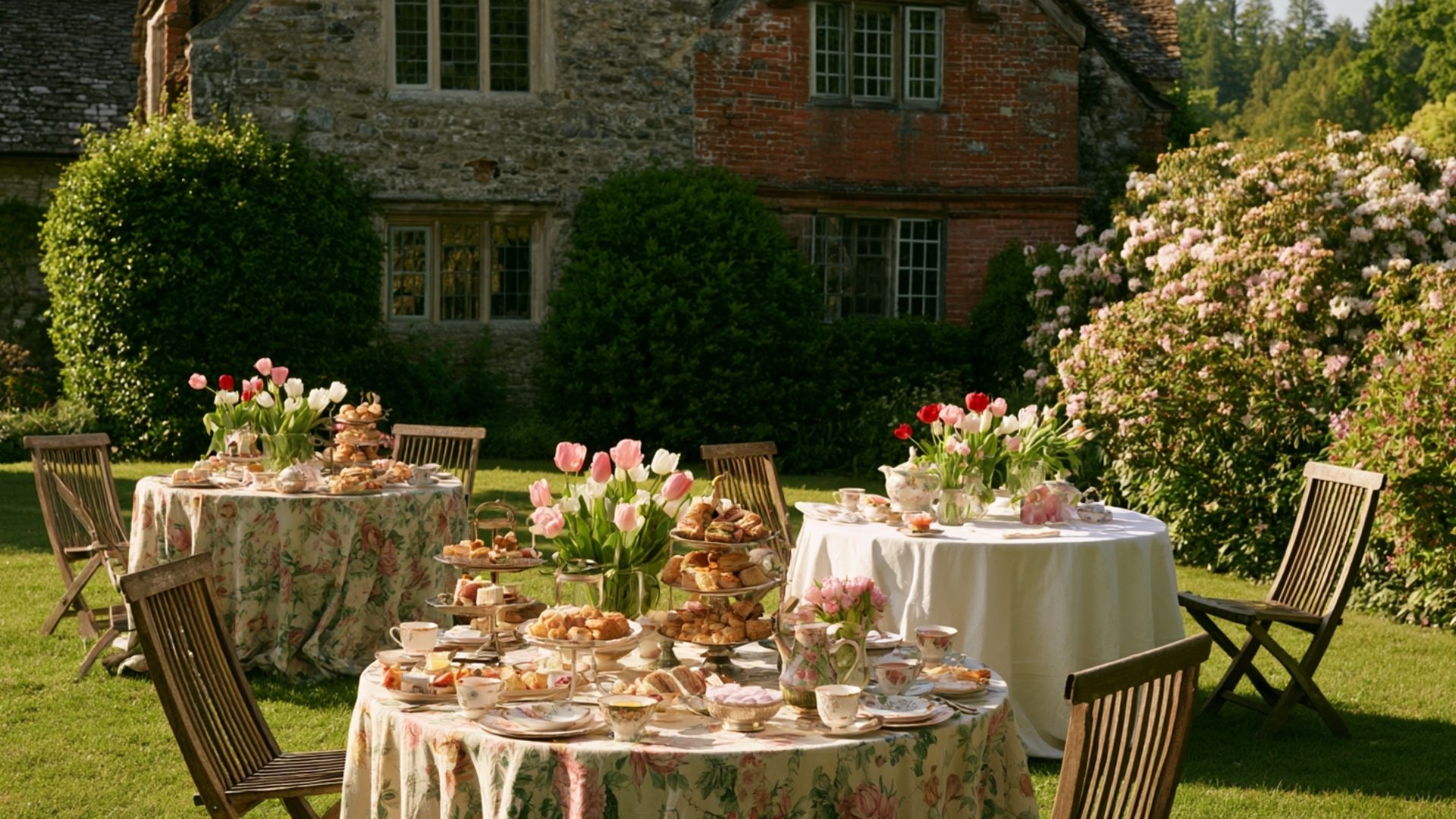Elegant engagement tea party with teapots, finger sandwiches, scones, cakes, and fresh spring flowers.