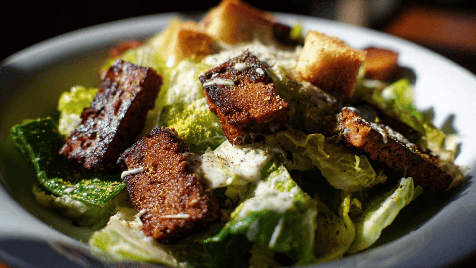 Tempeh Caesar salad with romaine, croutons, and creamy dressing