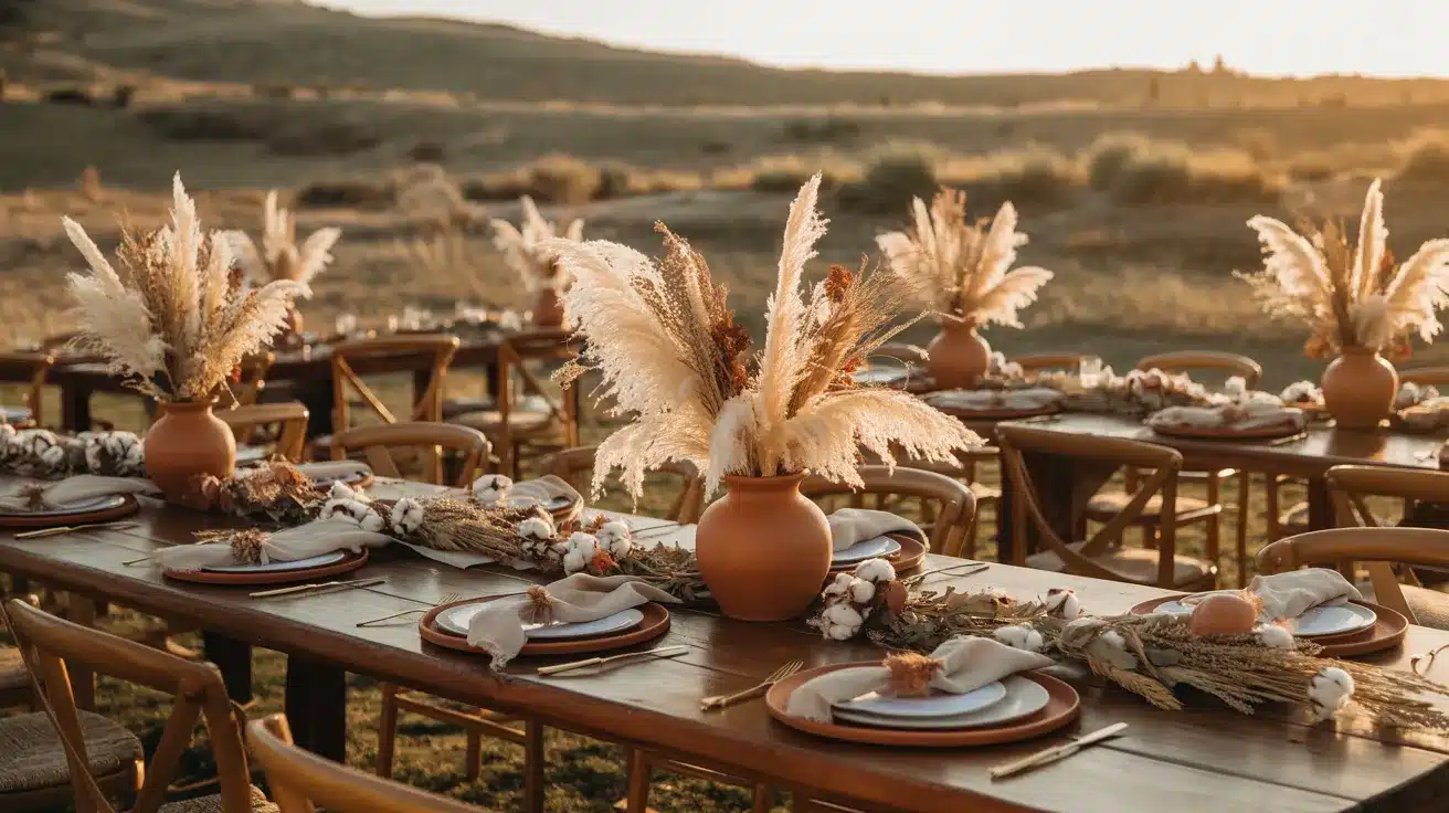 Rustic wedding setting featuring earthy terracotta, soft ivory, and warm natural details throughout the decor.