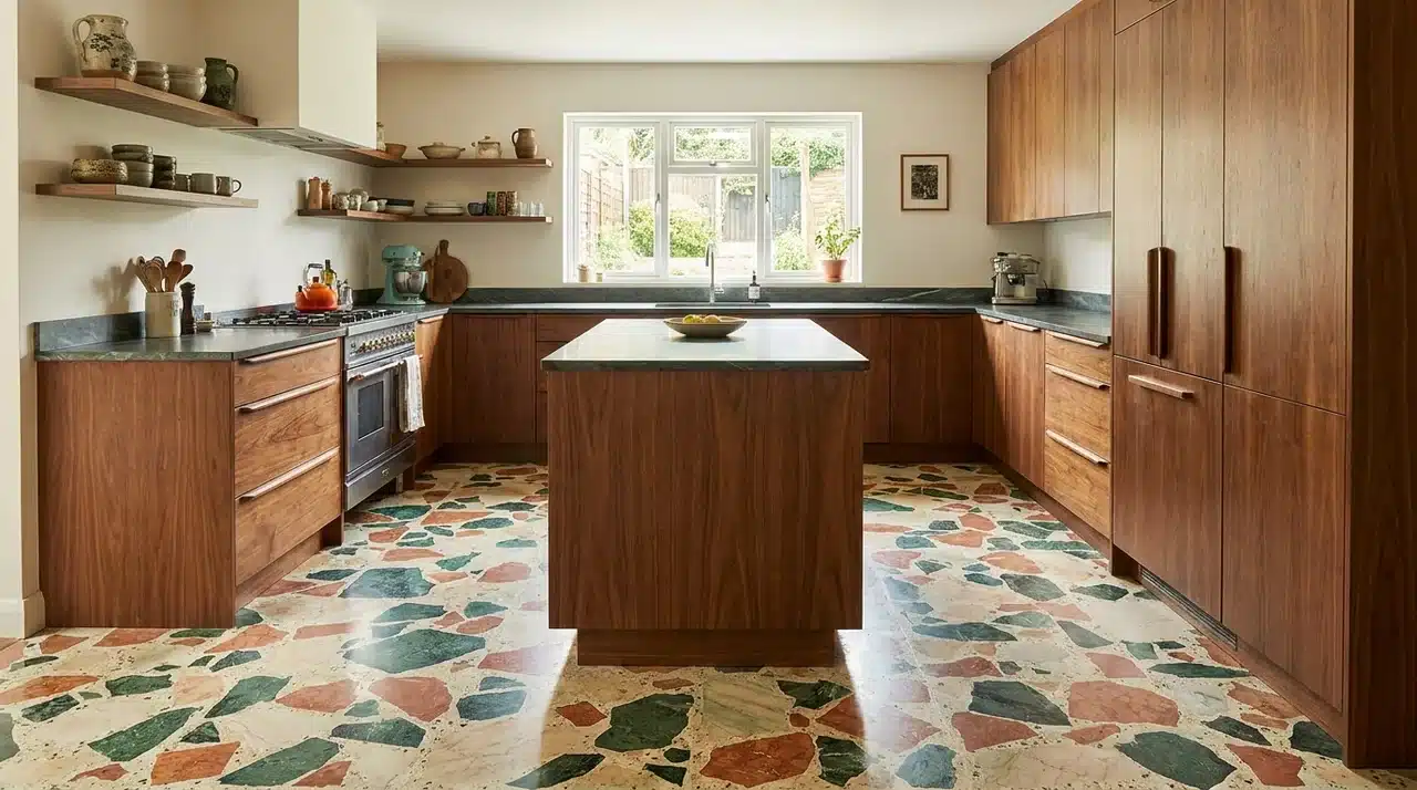 Modern farmhouse kitchen with terrazzo flooring, wood cabinetry, open shelves, and a central island beneath natural light.