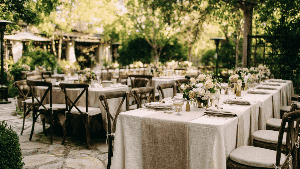 Wedding tables with textured linens, tableware, and florals, intimate setup