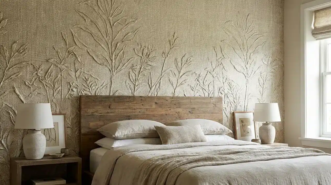 Modern farmhouse bedroom with textured botanical wallpaper, wooden headboard, layered bedding, and neutral decor accents.