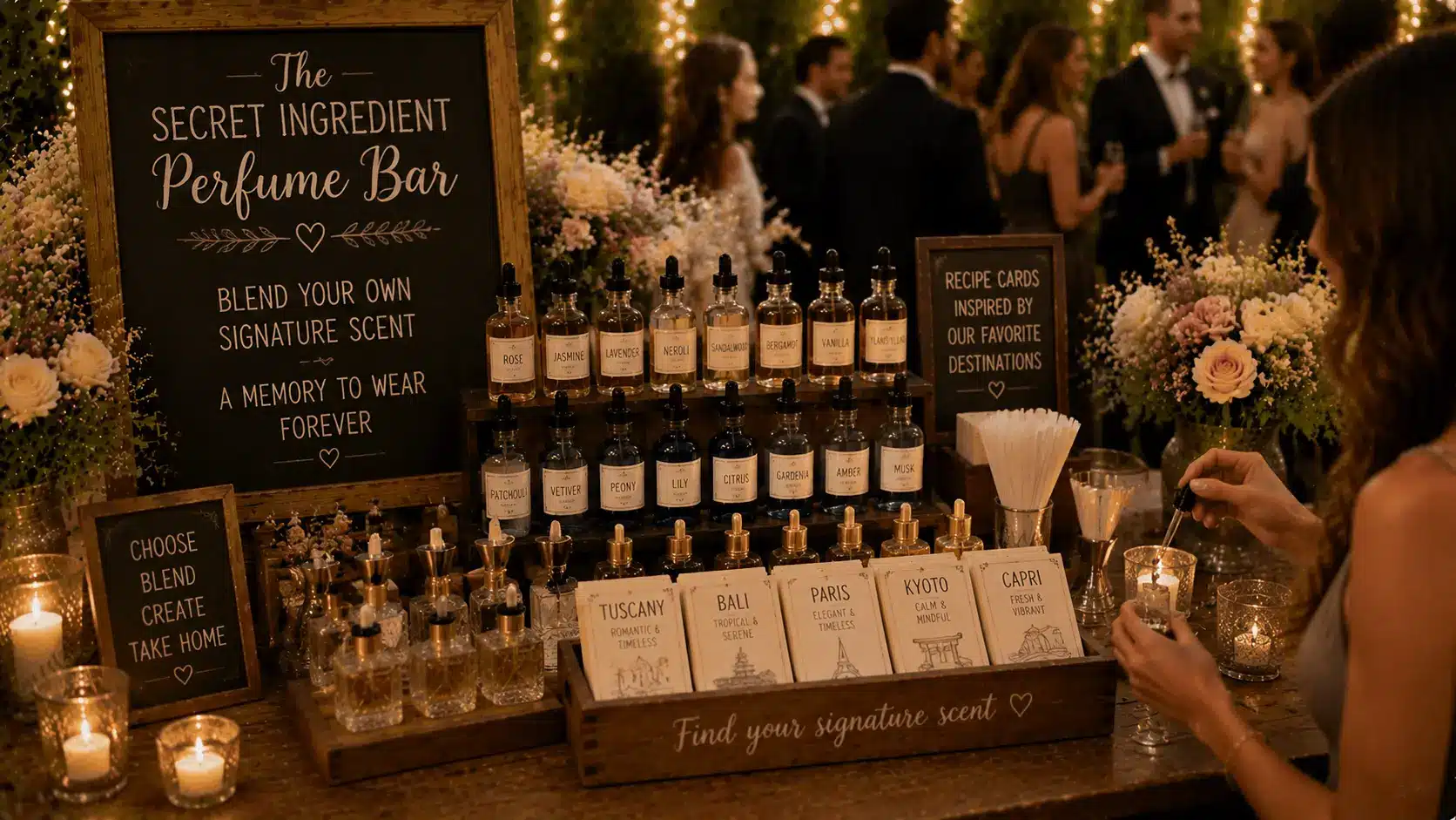 Guests create custom perfumes at a wedding's personalized perfume bar.