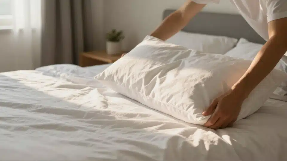 Person making a neatly arranged bed in a bright modern bedroom with warm morning sunlight.