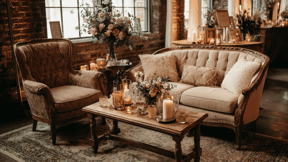 Cozy wedding lounge corner with candles, seating, floral decor
