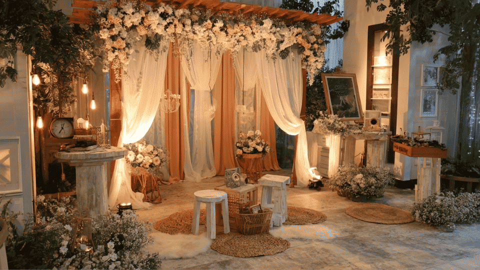 Small wedding photo corner with themed backdrop, props, candles, and floral decor