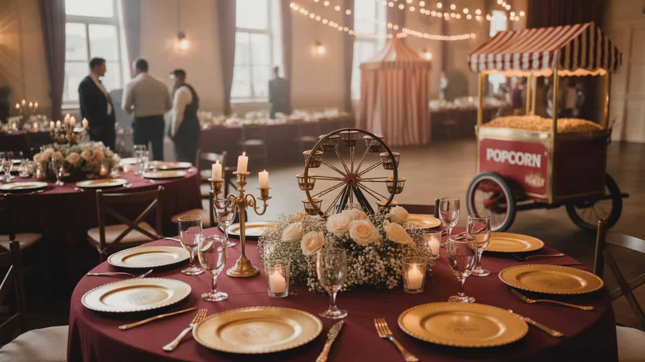 A wedding reception features coordinated themed decor, table settings, flowers, and warm lighting.