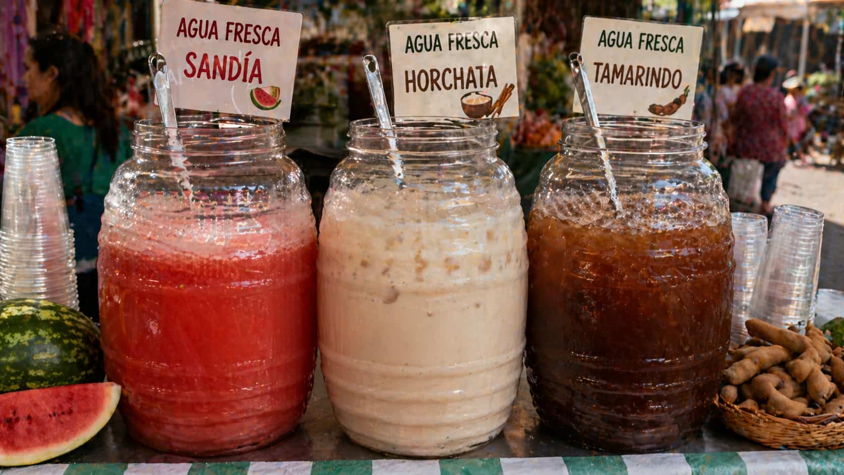 Large glass jars of watermelon agua fresca, horchata, and tamarind drinks displayed at a Mexican market stall.
