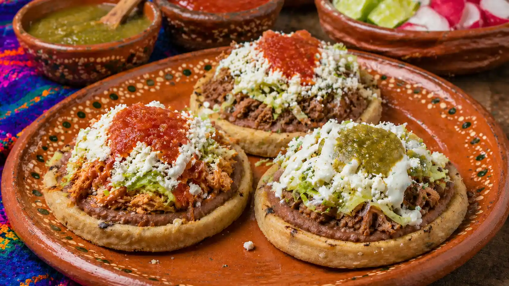 Three thick corn sopes topped with refried beans, shredded meat, crema, salsa, and crumbled cheese.