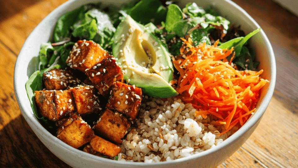 Tofu power bowl with rice, greens, shredded carrots, and avocado