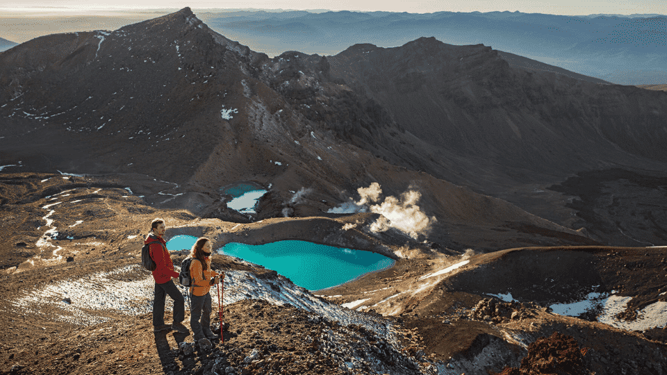 Dramatic volcanic mountains and rugged alpine terrain in Tongariro National Park, New Zealand.
