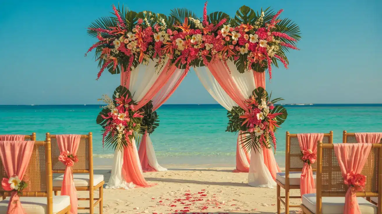 Tropical beach wedding with coral and turquoise decor