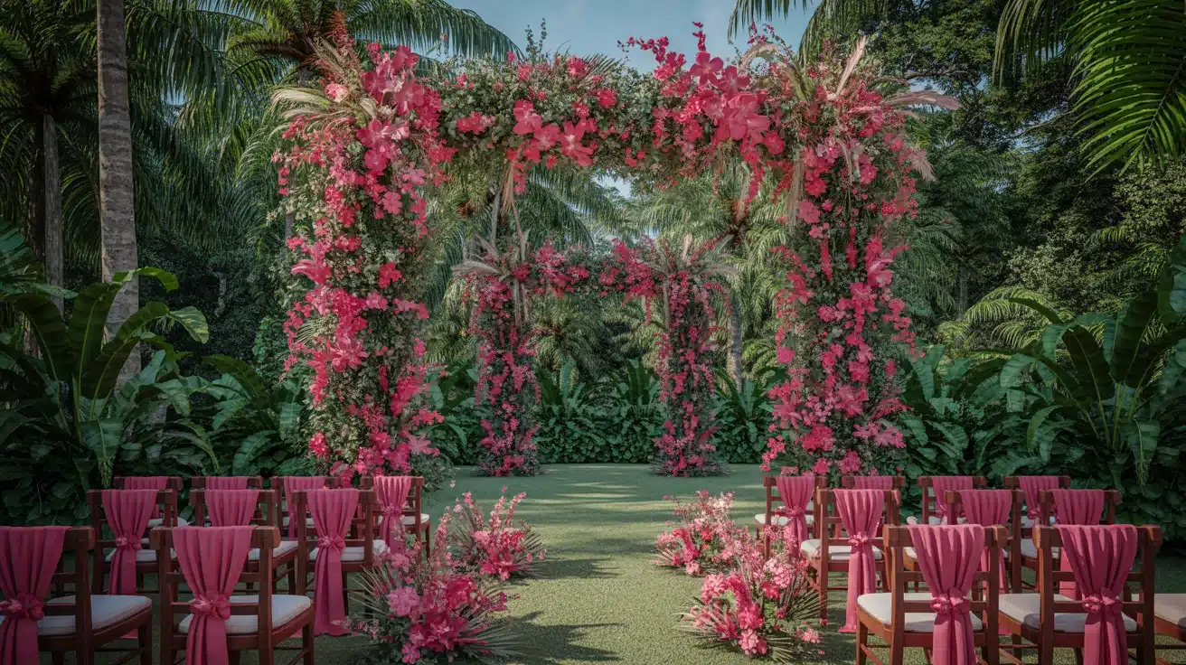 Tropical wedding setting filled with bright pink flowers and lush green foliage for a vivid summer look.