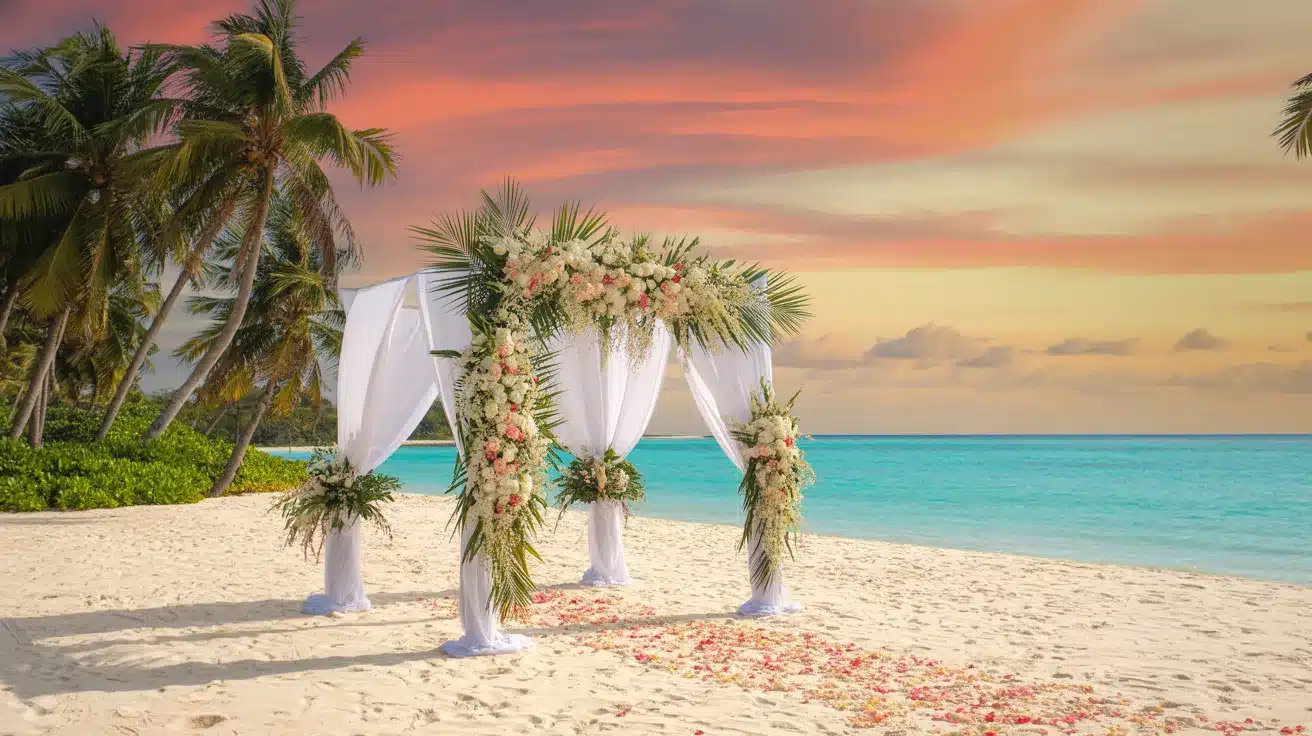 Tropical island ceremony setting framed by palm trees, lush greenery, and clear ocean water.