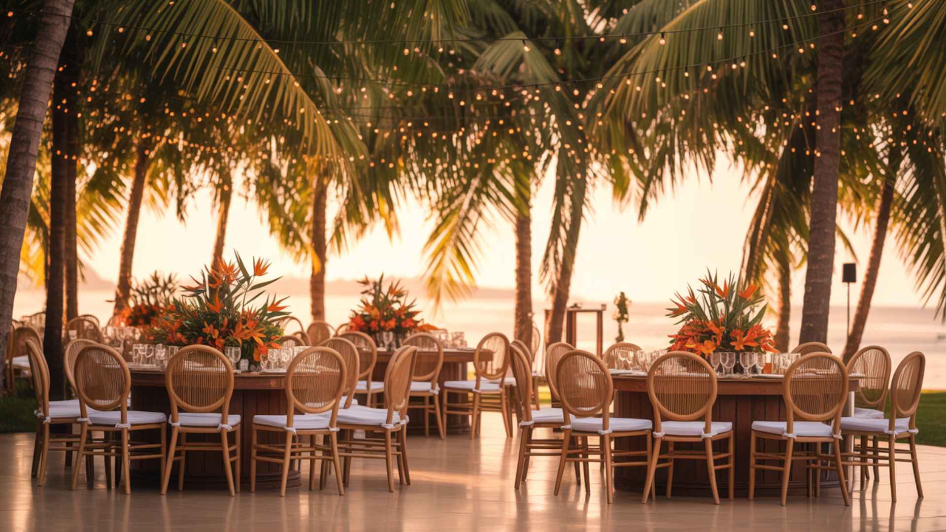 Tropical wedding with palms, vibrant flowers, bamboo décor, and golden light.