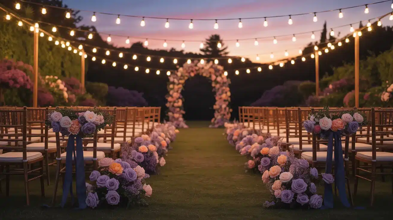 Evening garden wedding layered with lavender, peach, and navy details for a sophisticated twilight look.