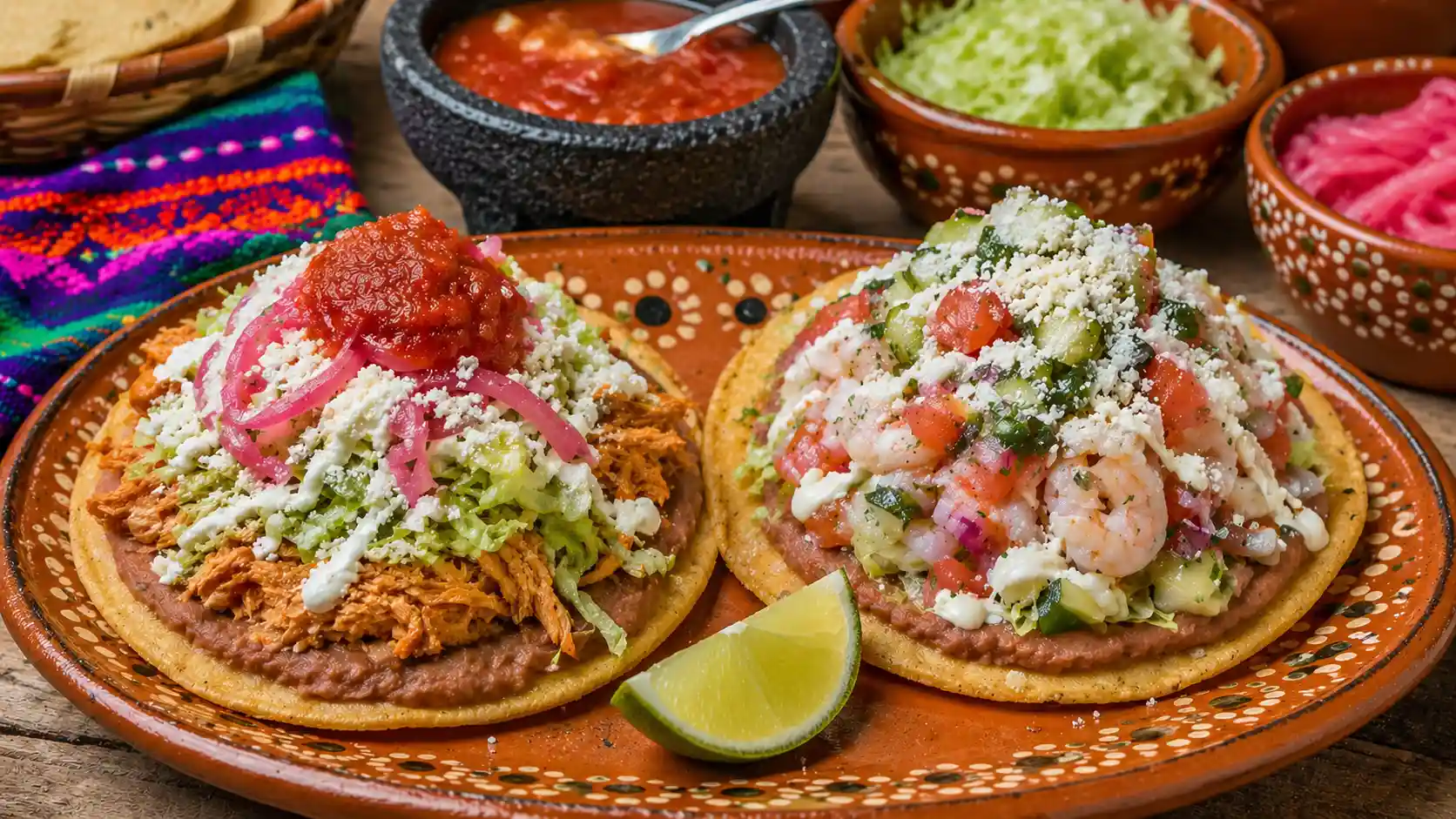 Two crispy tostadas topped with shredded chicken, shrimp ceviche, beans, lettuce, crema, salsa, and cheese.