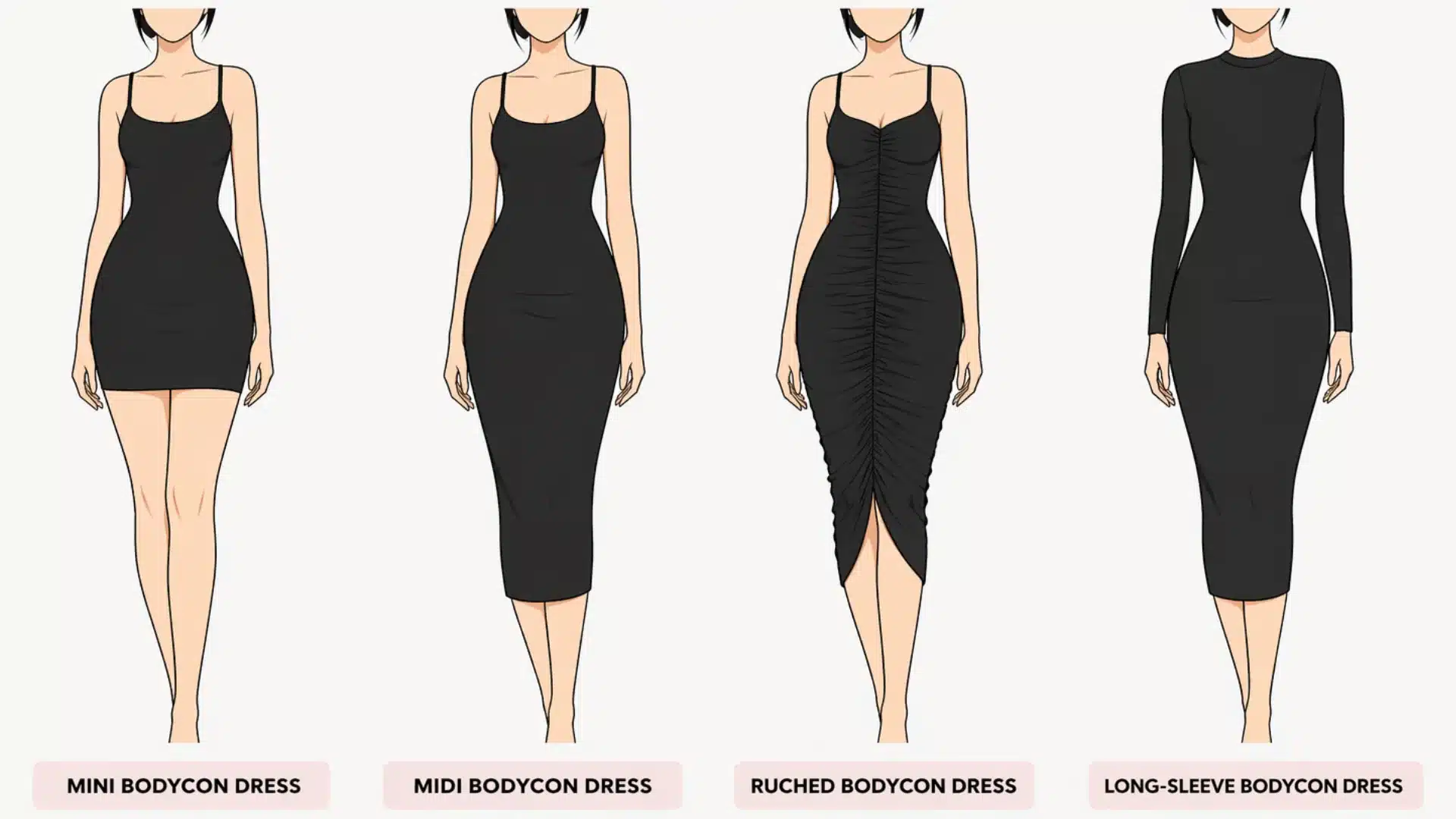 Illustrations showing mini, midi, ruched, and long-sleeve black bodycon dress styles.
