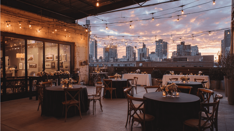 Urban rooftop wedding setup with tables, string lights, and city skyline
