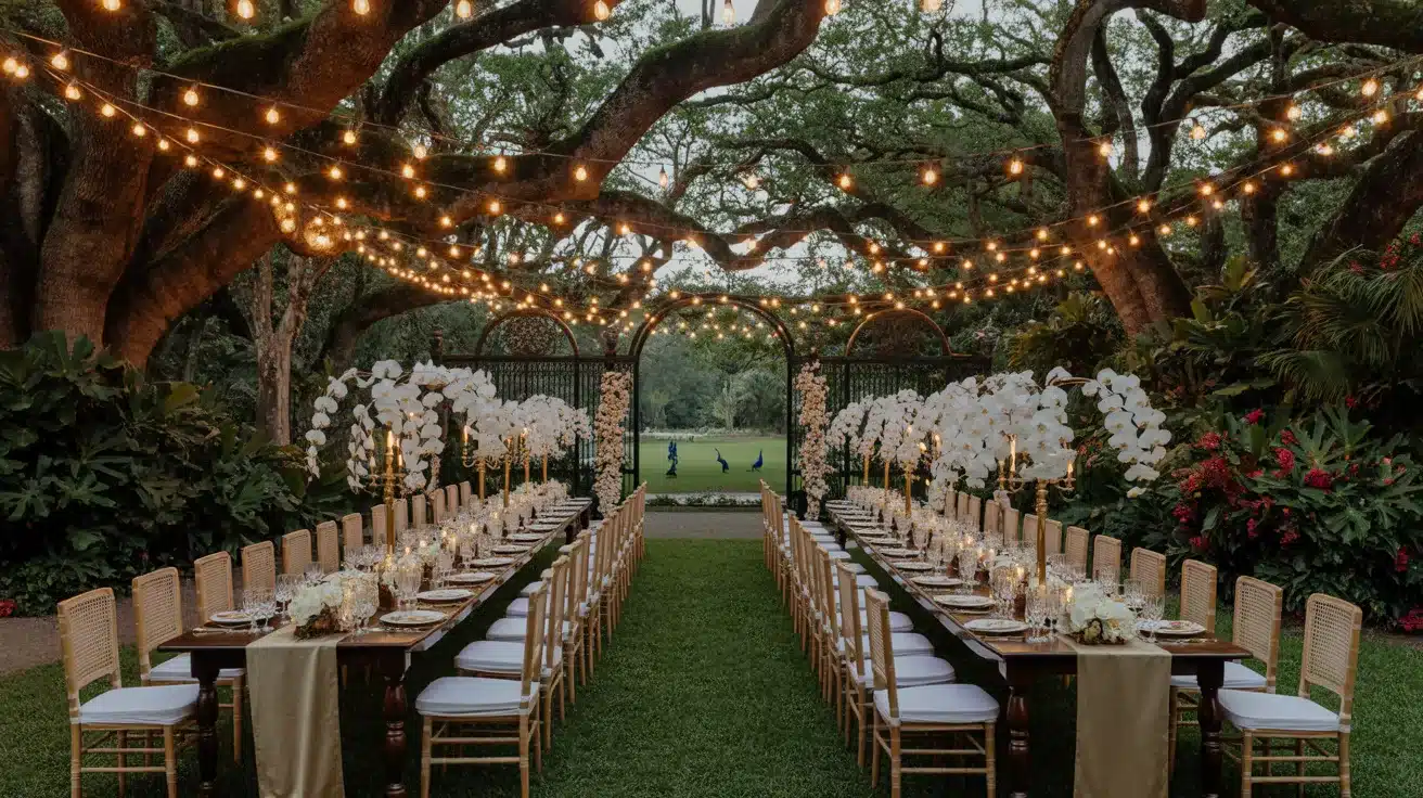 Open-air zoo celebration area surrounded by landscaped gardens and lush greenery.