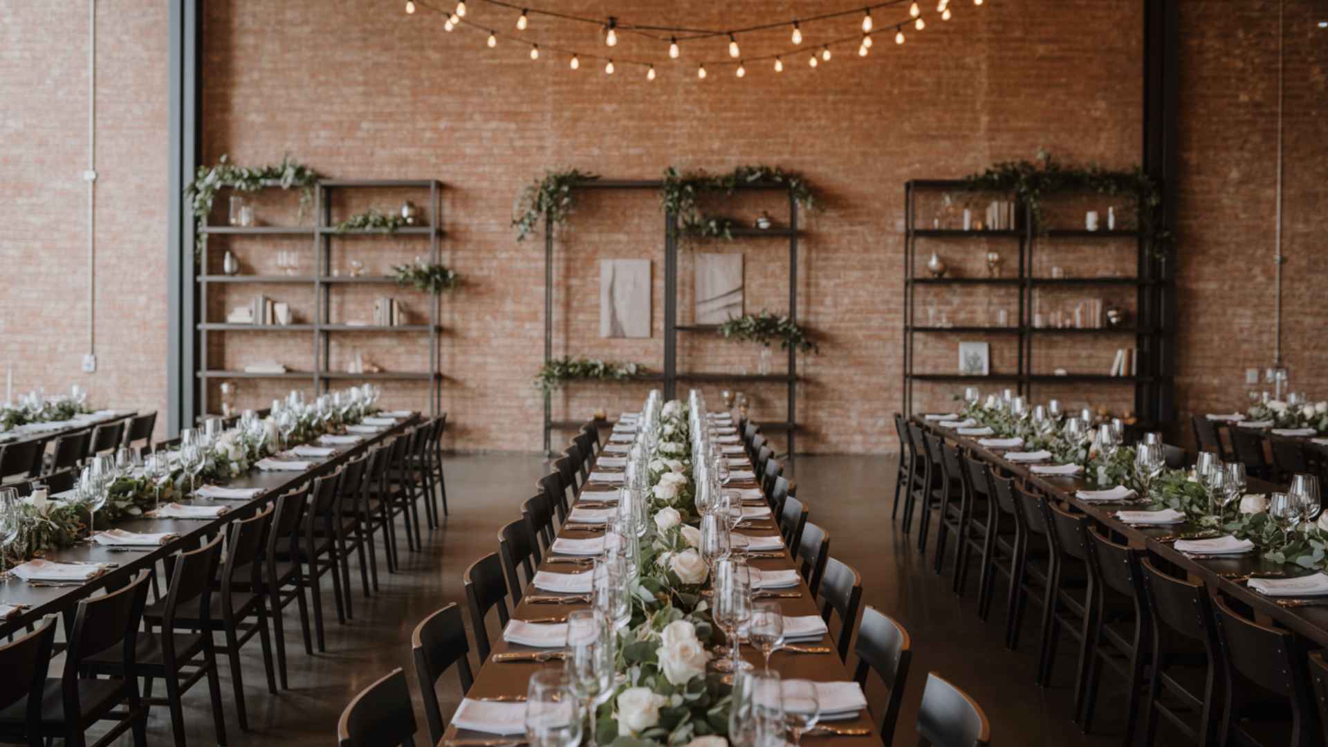 Urban loft wedding with exposed brick, Edison bulbs, long communal tables, greenery.