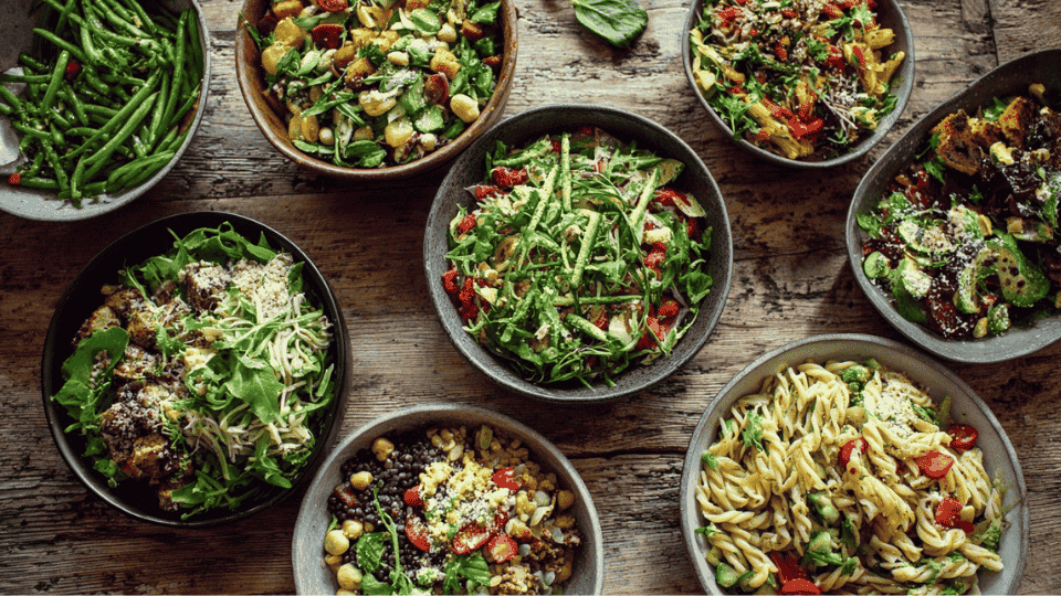Overhead spread of vegan salads and pasta bowls with greens, beans, and pasta on wood table