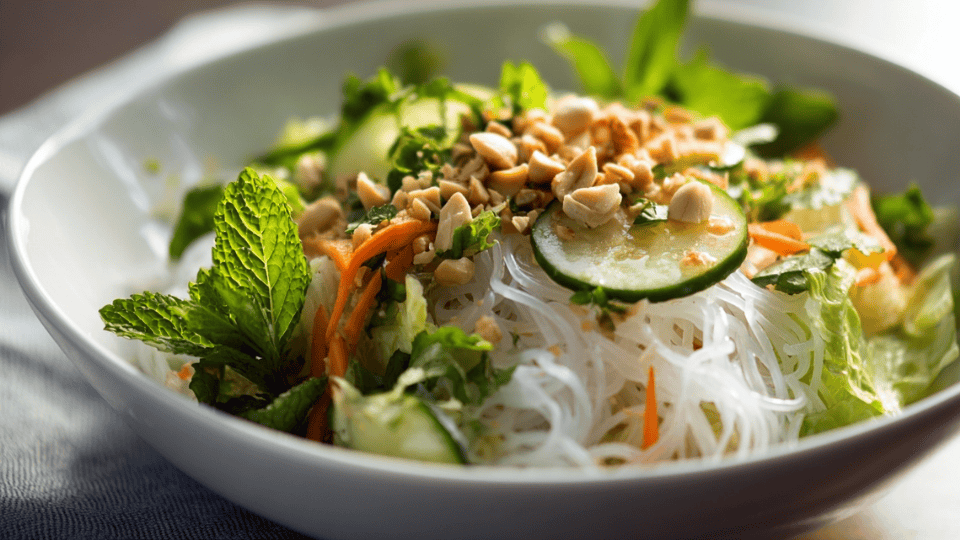Vietnamese noodle salad with fresh herbs, veggies, and peanuts