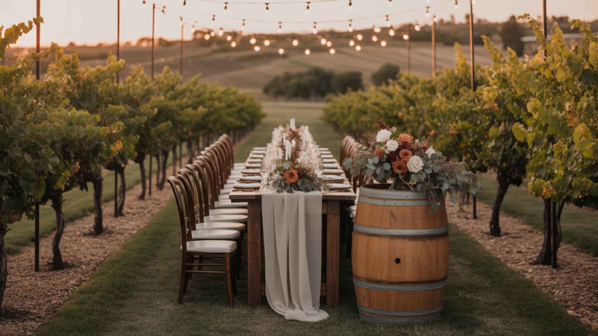 Vineyard outdoors with grapevines, wooden tables, barrels, and sunset light.