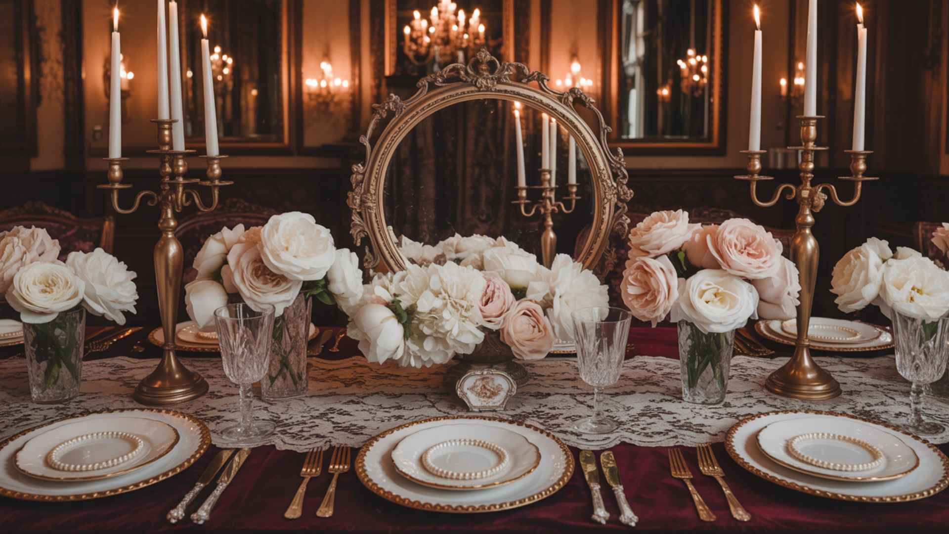 Estate venue with gold candelabras, antique mirrors, lace, and nostalgic details.