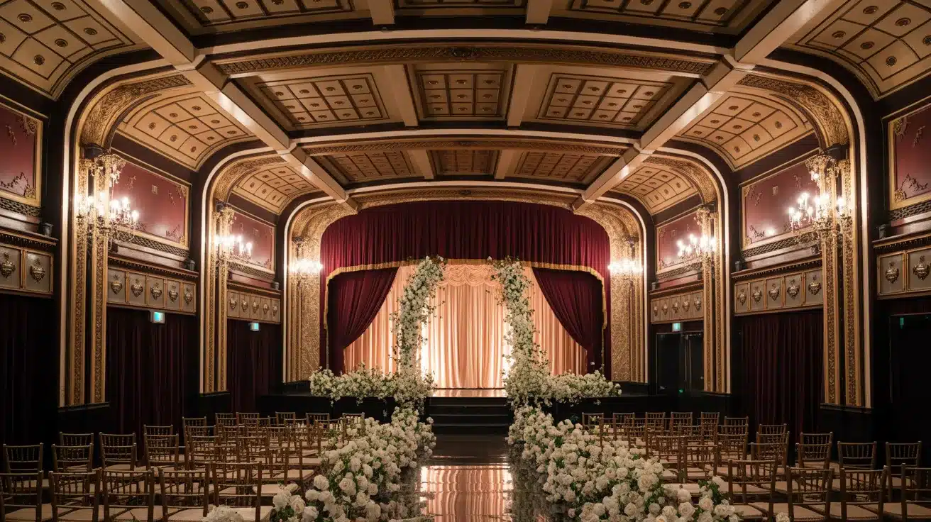 Vintage movie theater featuring classic interiors and an intimate setting for a wedding event.