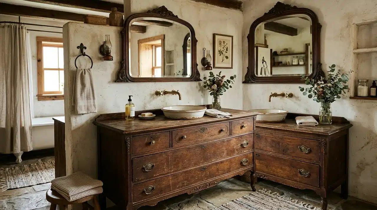 Farmhouse bathroom with vintage dresser vanities, vessel sinks, ornate mirrors, rustic wood beams, and warm natural textures.