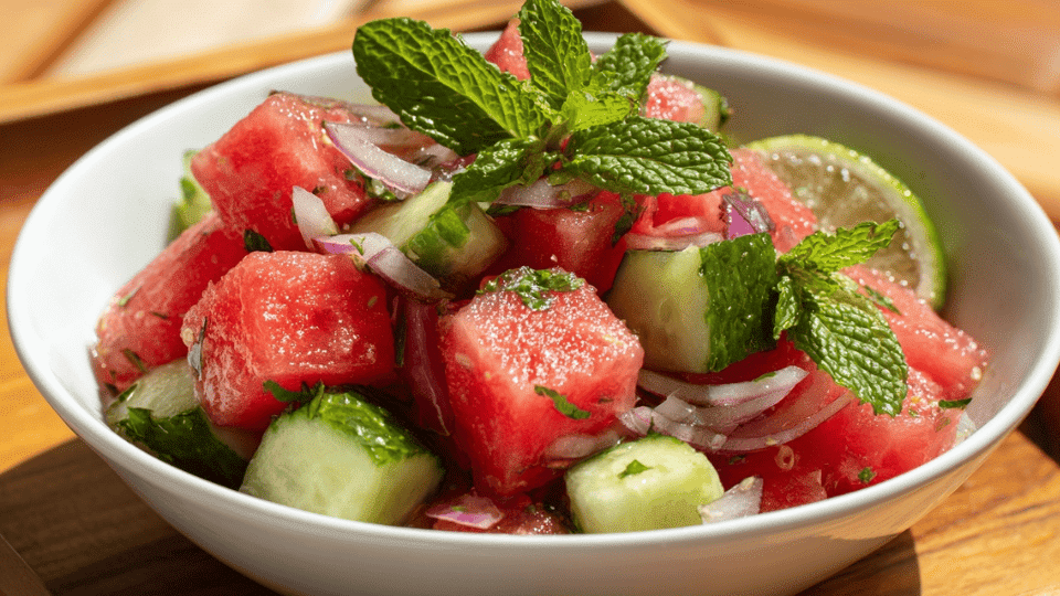 Watermelon salad with cucumber, mint, and lime juice