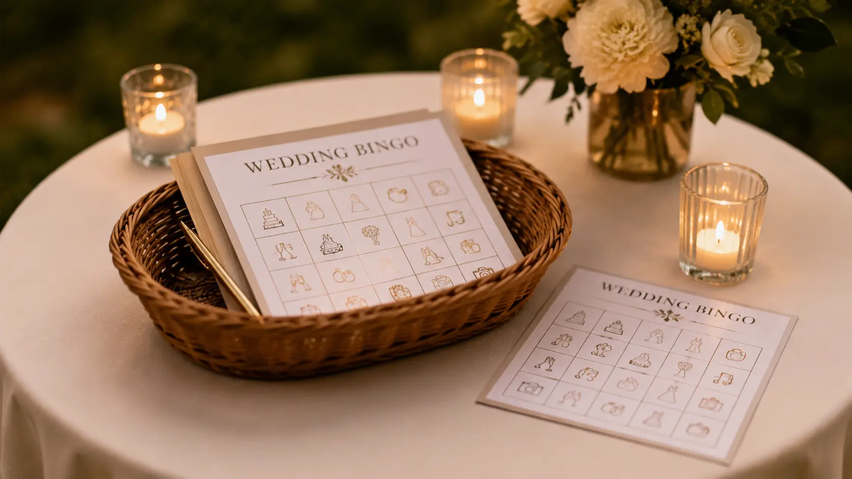Wedding guests mark illustrated bingo cards featuring familiar ceremony and reception moments.