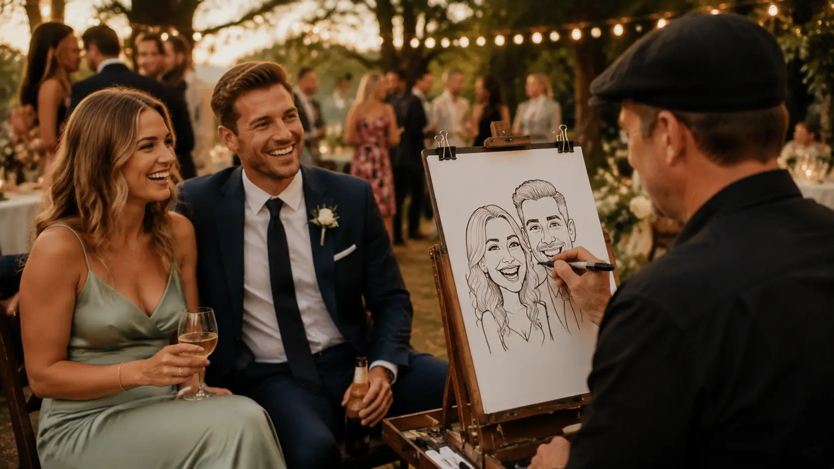 Caricature artist sketches couple at outdoor wedding reception with guests.