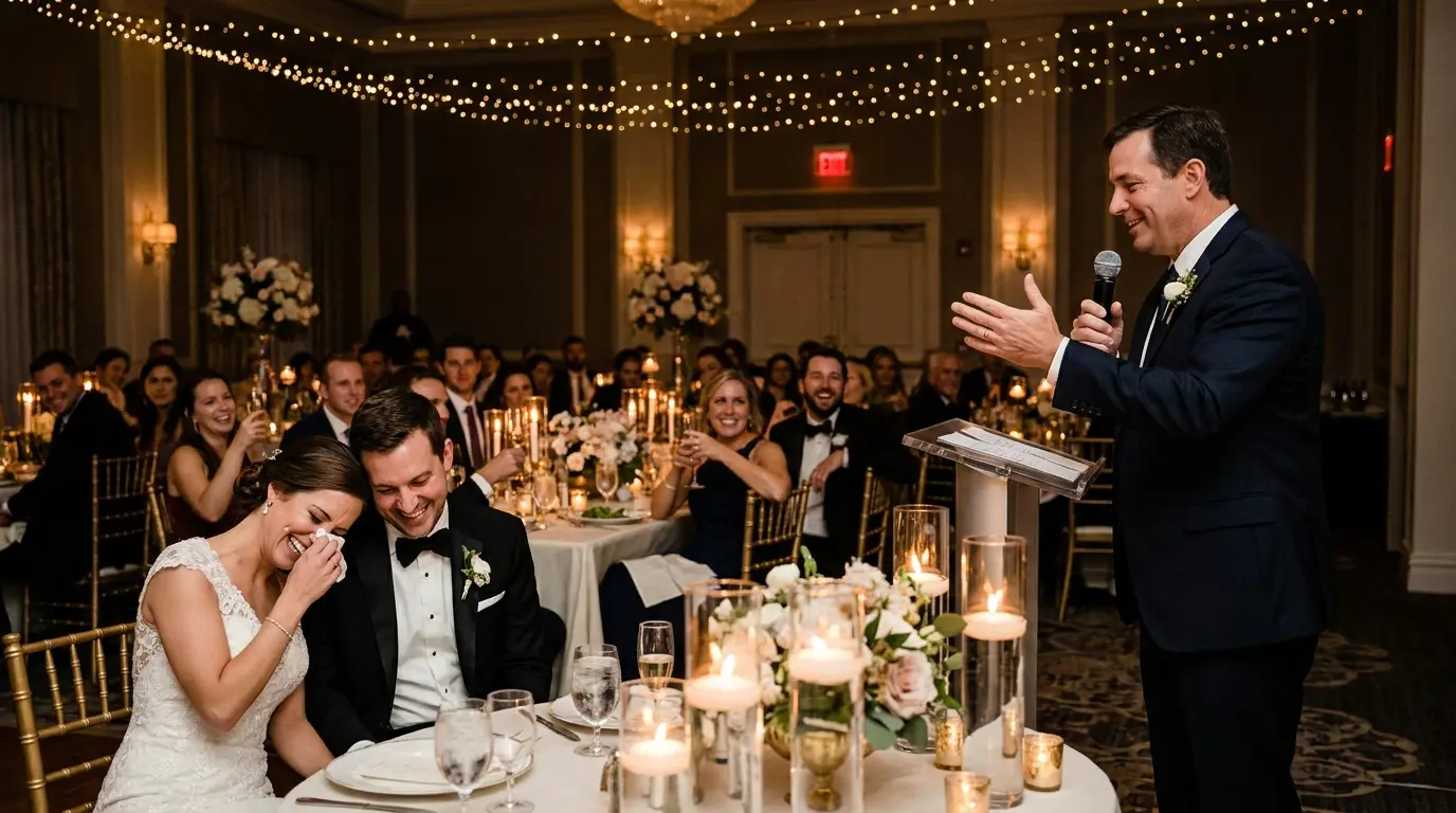 Bride wipes away tears while the groom smiles during a lively wedding speech in a candlelit reception hall.