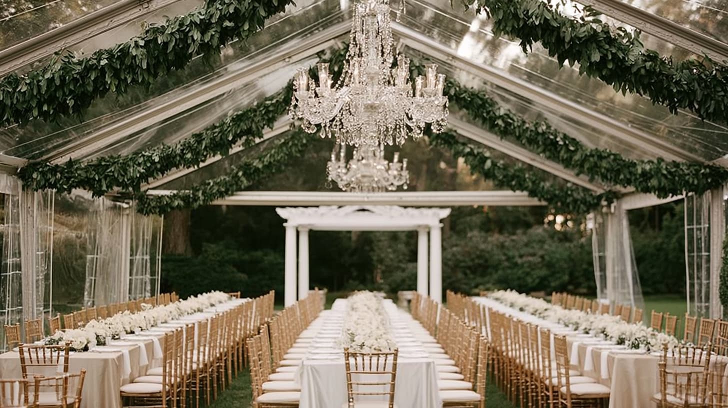 Elegant outdoor wedding reception set up with crystal chandeliers and green garlands